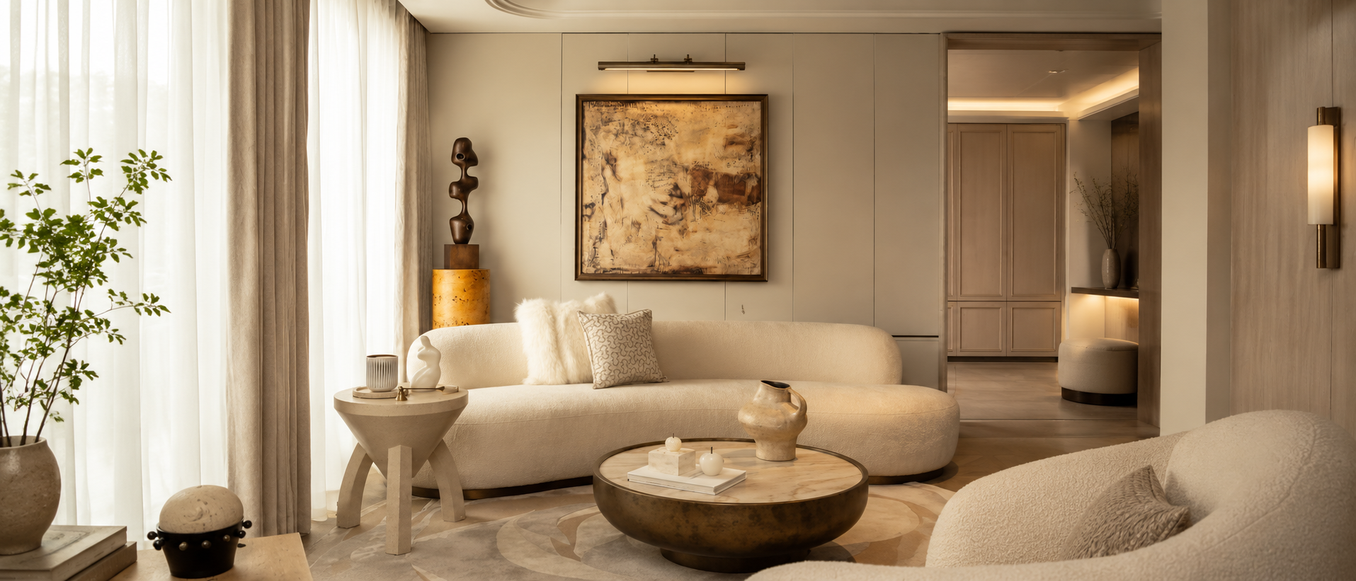 Layered cushions and blankets in a warm home setting