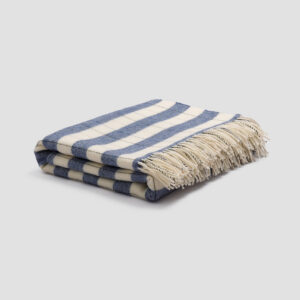 Warm Blue Checked Wool Blanket - Textured Stripe
